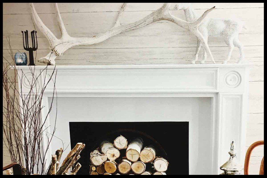 Fireplace with antler decor and wood logs.