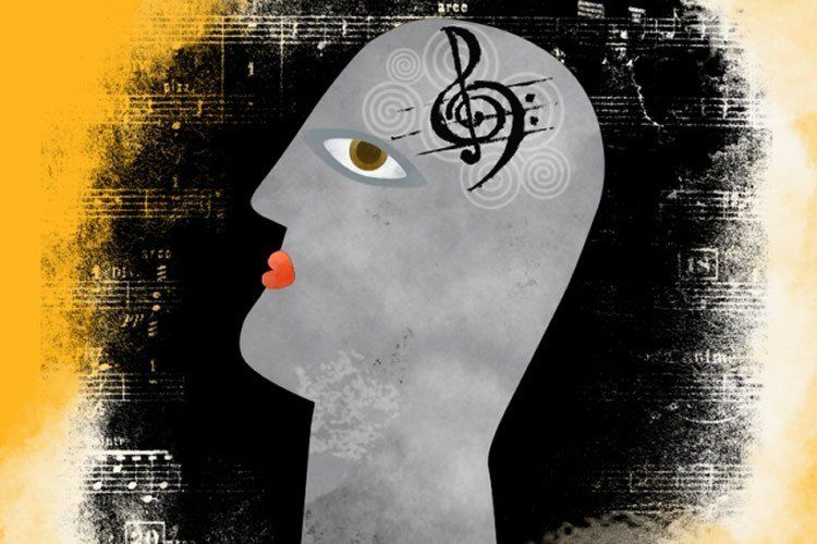 Gray head with musical notes, treble clef, swirls inside. Yellow and black background with musical notation.