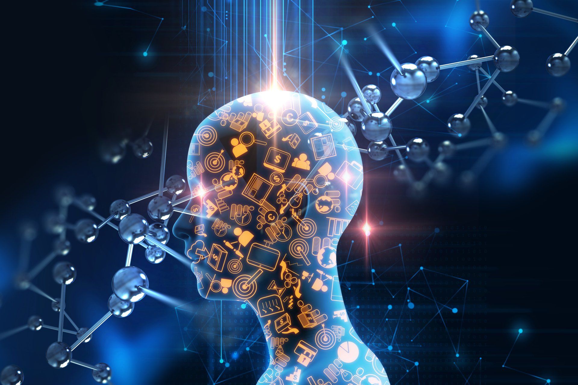 Blue silhouette of a head with embedded icons, lit by a central beam and surrounded by molecular structures.