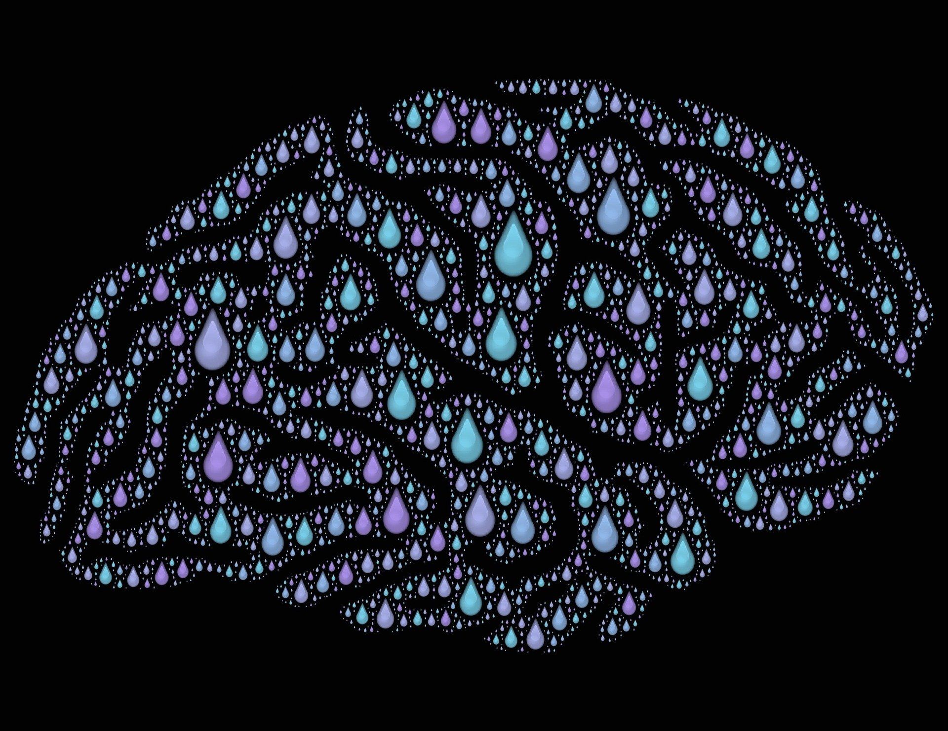 Brain silhouette made of blue and purple teardrops on black background.