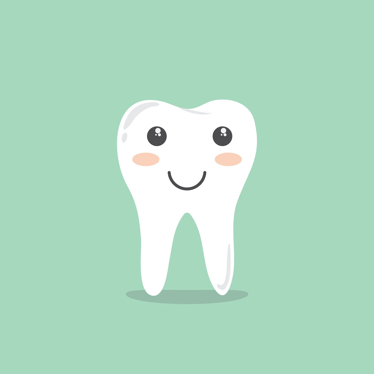Smiling cartoon tooth with rosy cheeks against a light green background.