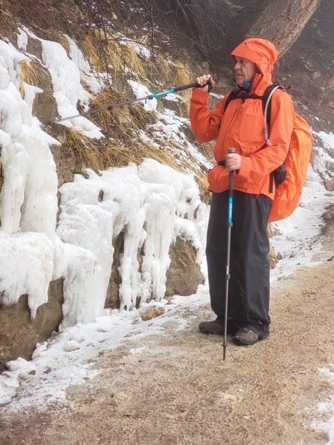 Person hiking near icy rock face, wearing orange jacket and using hiking poles.