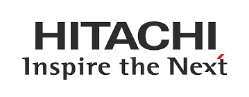 The hitachi logo is black and white and says `` inspire the next ''.
