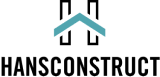 The logo for hansconstruct is a house with a blue roof.
