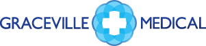 The logo for graceville medical is a blue cross in a circle.