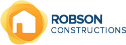 A logo for robson constructions with a house in the center.