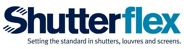 A logo for shutterflex setting the standard in shutters , louvres and screens