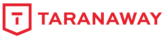 A red and white logo for taranaway on a white background