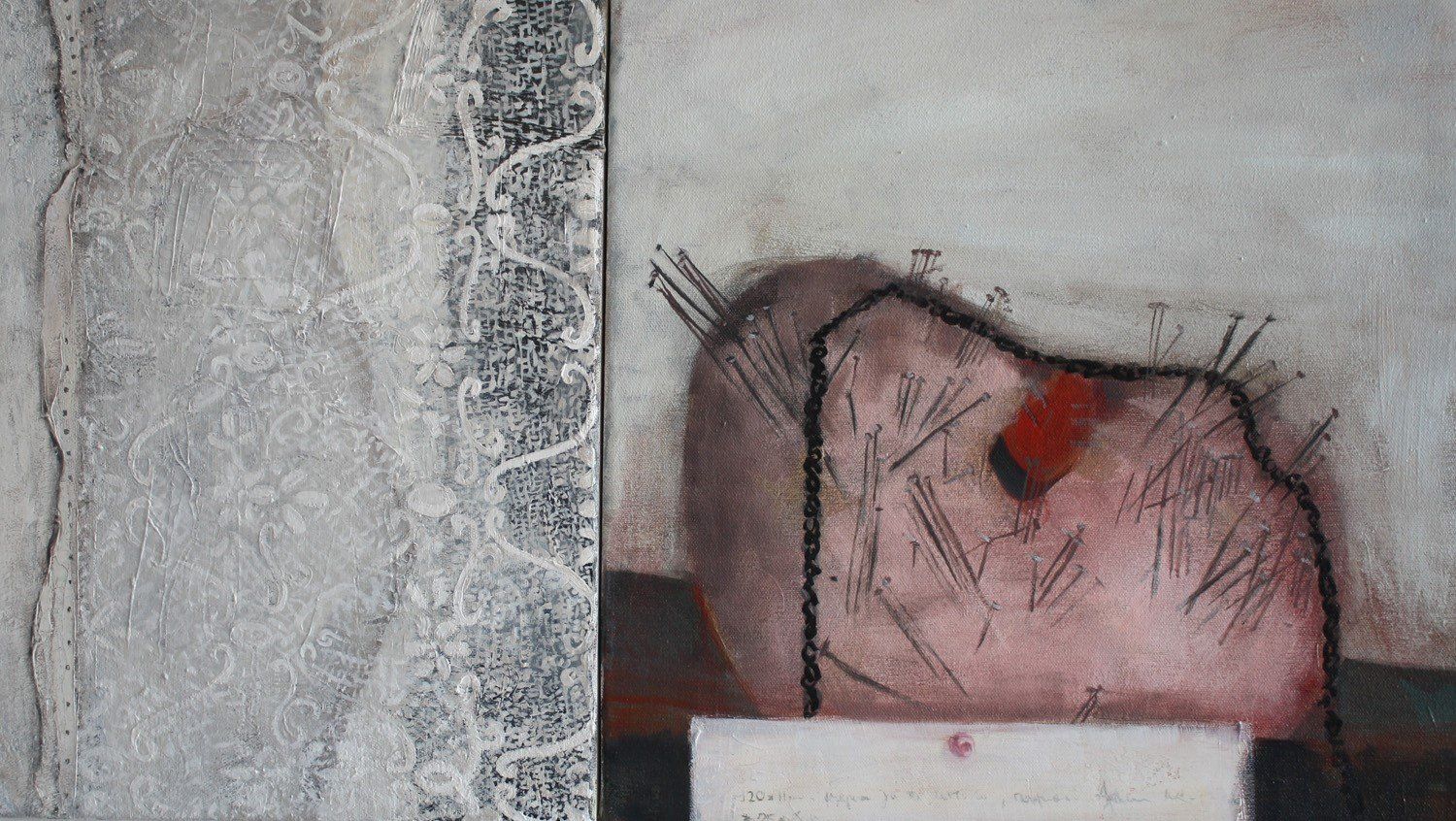 Seamstress and pin cushion, a painting by Irish artist Miriam McConnon, Olivier Cornet Gallery Dublin