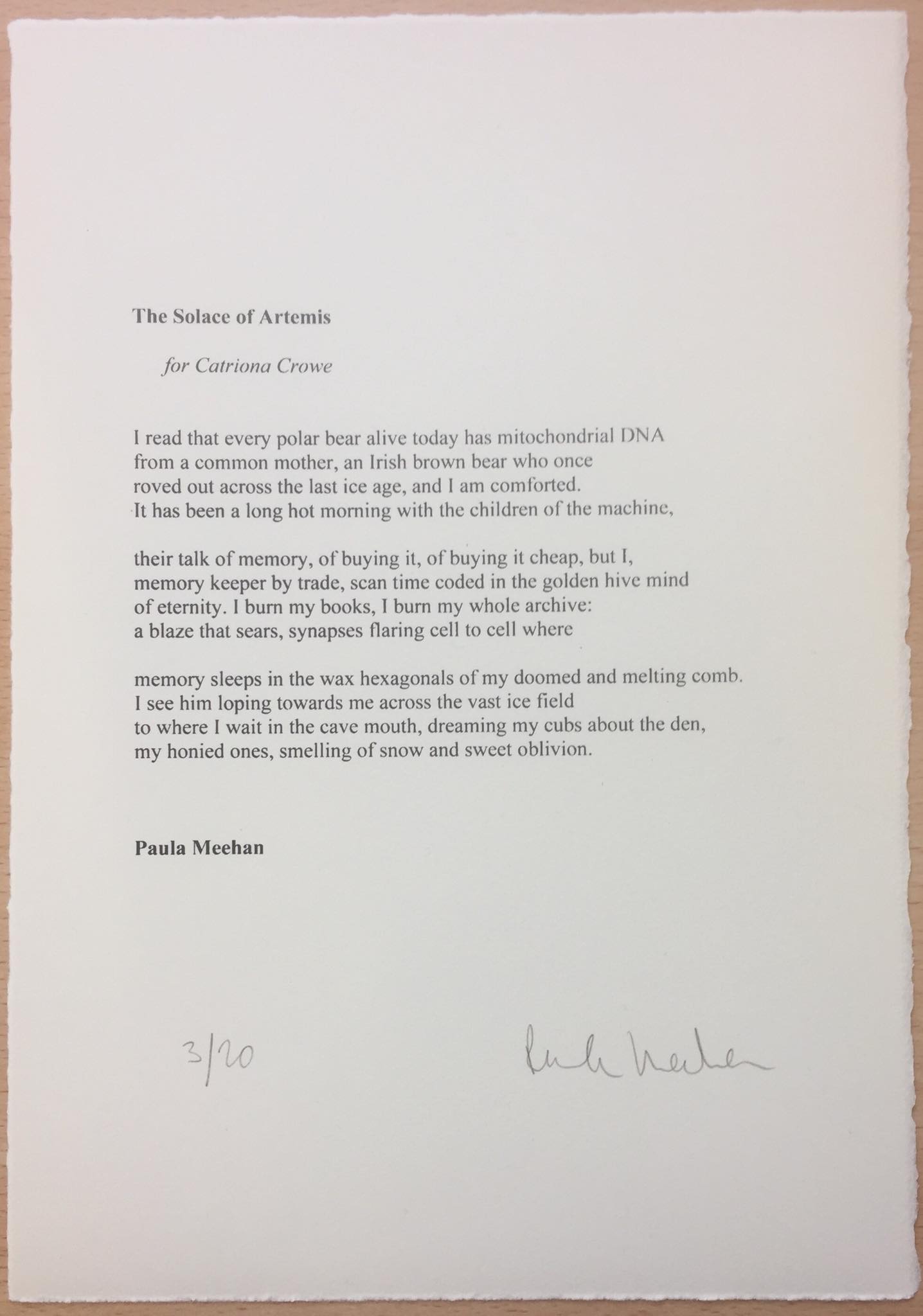 The Solace of Artemis, for Catriona Crowe, screen print by Paula Meehan, Olivier Cornet Art Gallery