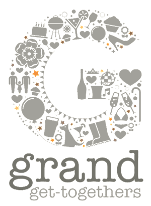 A logo for grand get togethers with a circle of icons around the letter g.