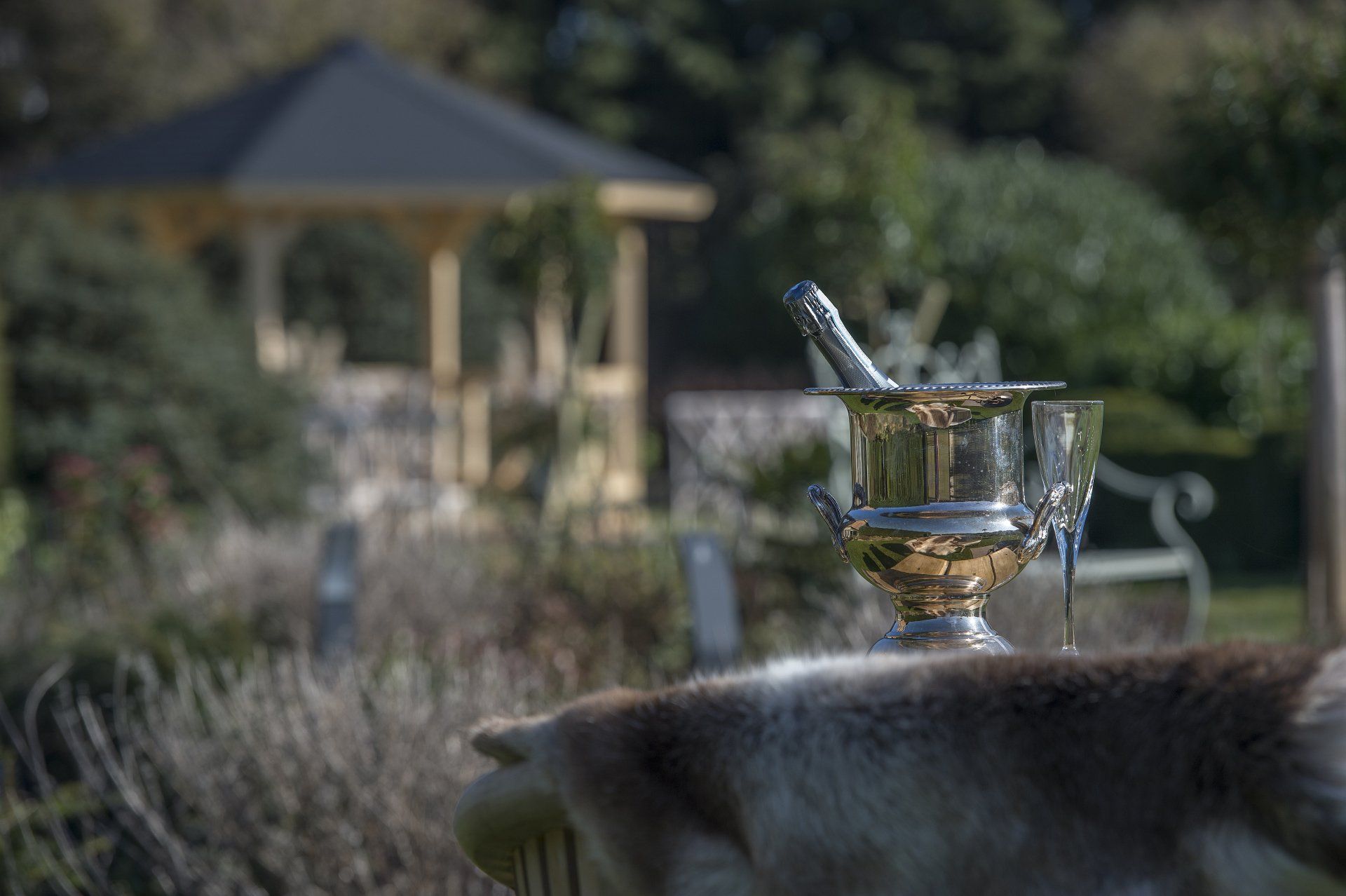 A trophy with a bottle of champagne in it is sitting on a table in a garden.