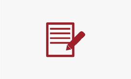 Ein rotes Symbol eines Blattes Papier mit einem Bleistift darin.