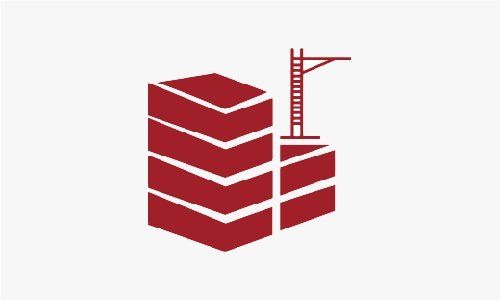 Ein rotes Symbol eines im Bau befindlichen Gebäudes mit einem Kran.
