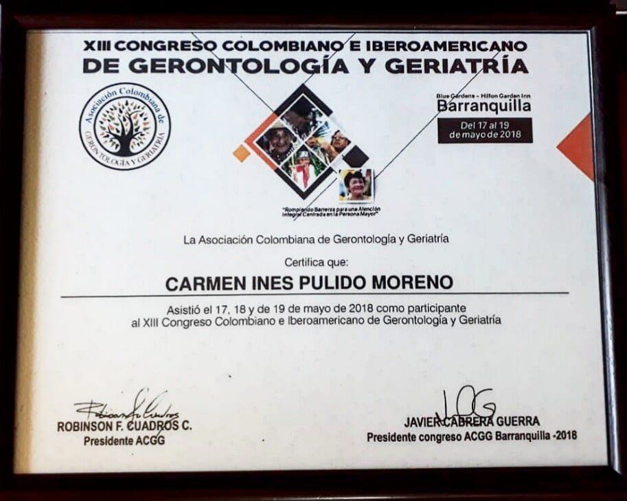 Certificación participación Hogar Geriátrico Doña Tere XIII Congreso Colombiano e Iberoamericano de Gerontología y Geriatría