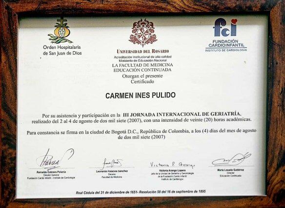 Certificación participación Hogar Geriátrico Doña Tere III Jornada Internacional de Geriatría, Bogotá Colombia 2007