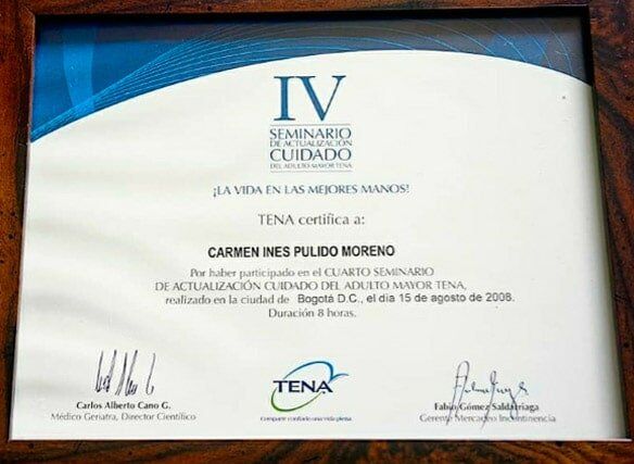 Certificación de la participación del Hogar Geriátrico Doña Tere en el IV Seminario de Actualización Cuidado del Adulto Mayor