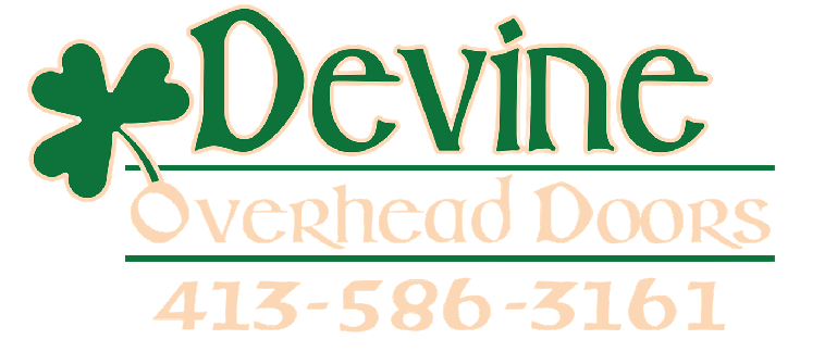 Logo for Devine Overhead Doors, green shamrock and Devine text with phone number.