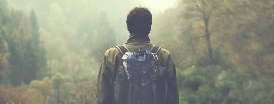 Man Hiking in Green misty scenery
