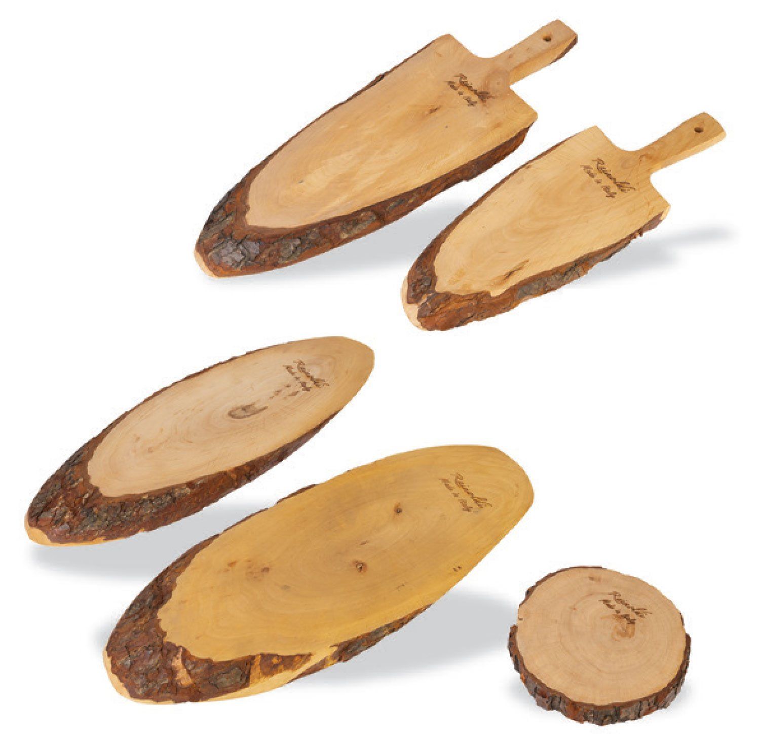 taglieri in legno con corteccia