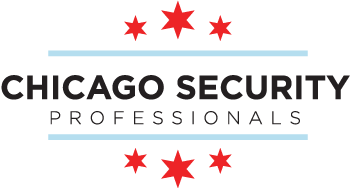The logo for chicago security professionals has three red stars on it.