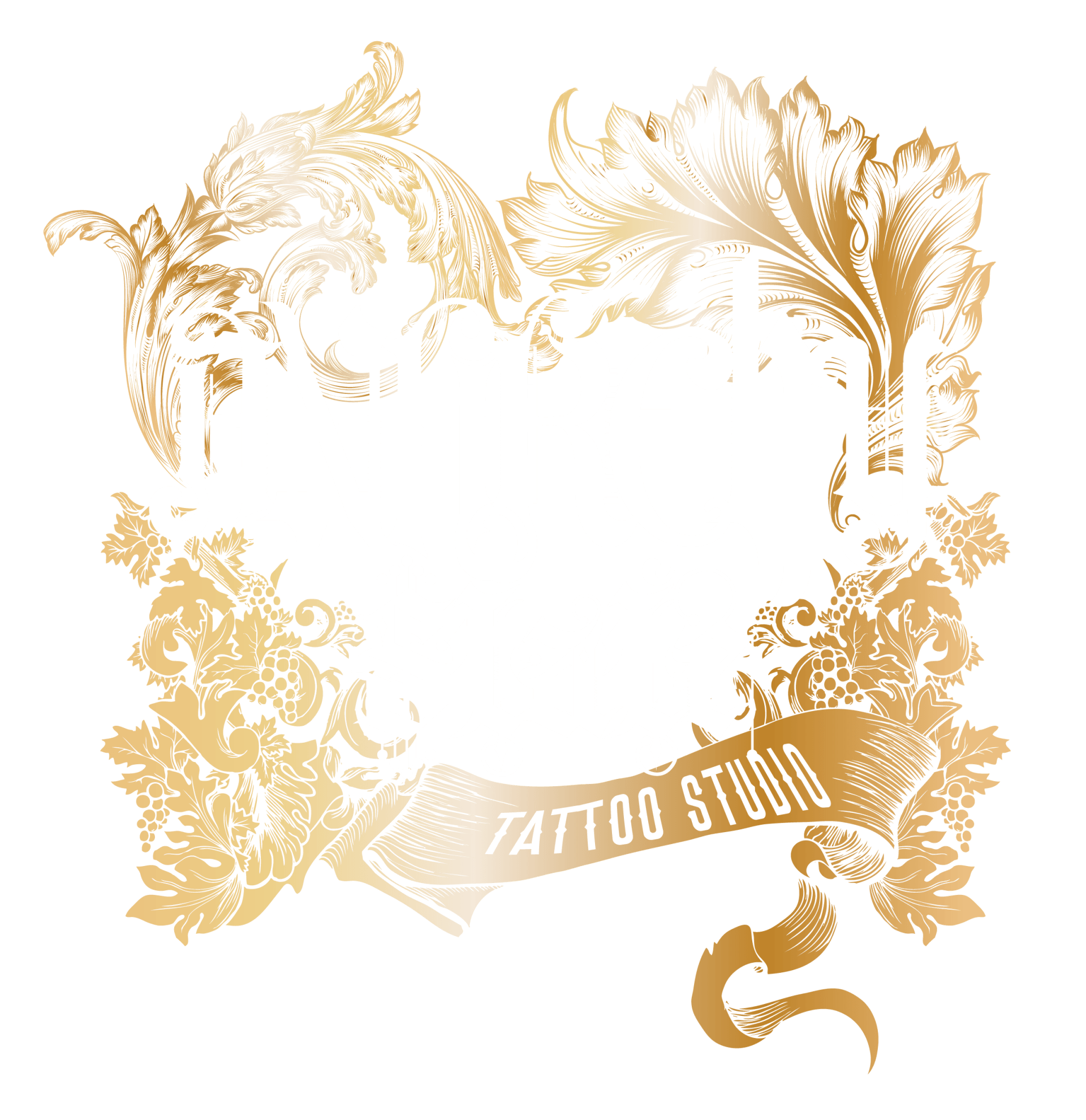 A gold frame with the words tattoo studio on it