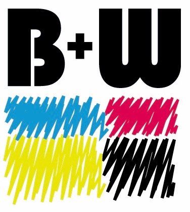 B+W logo above four colored scribble blocks in blue, pink, yellow, and black