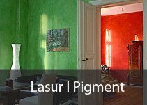 Ein Wohnzimmer mit grünen und roten Wänden.