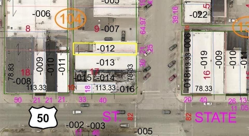 An aerial view of a building with the number 50 on it