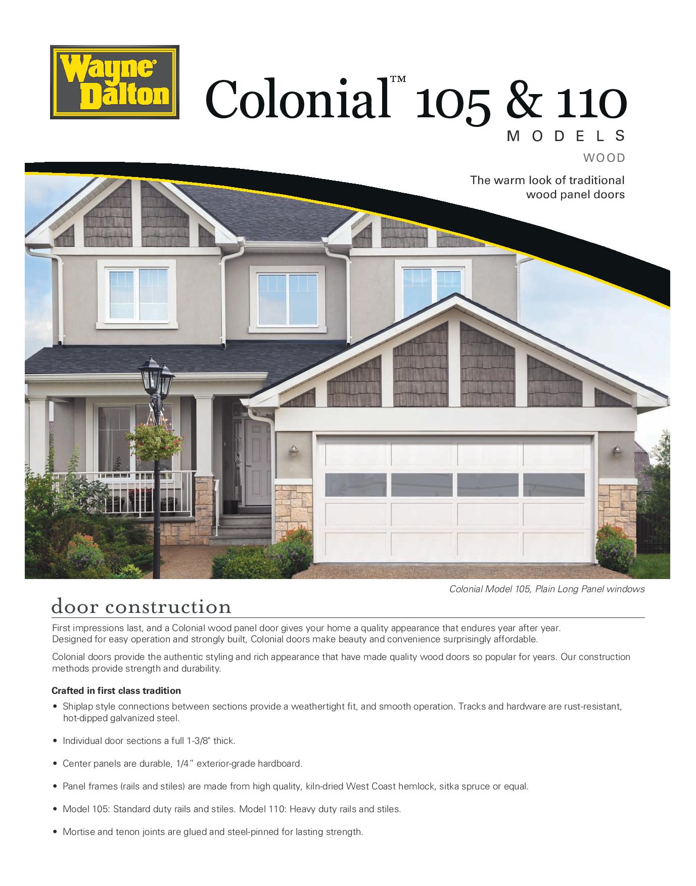 A brochure for colonial 105 and 110 models shows a house with a garage door.