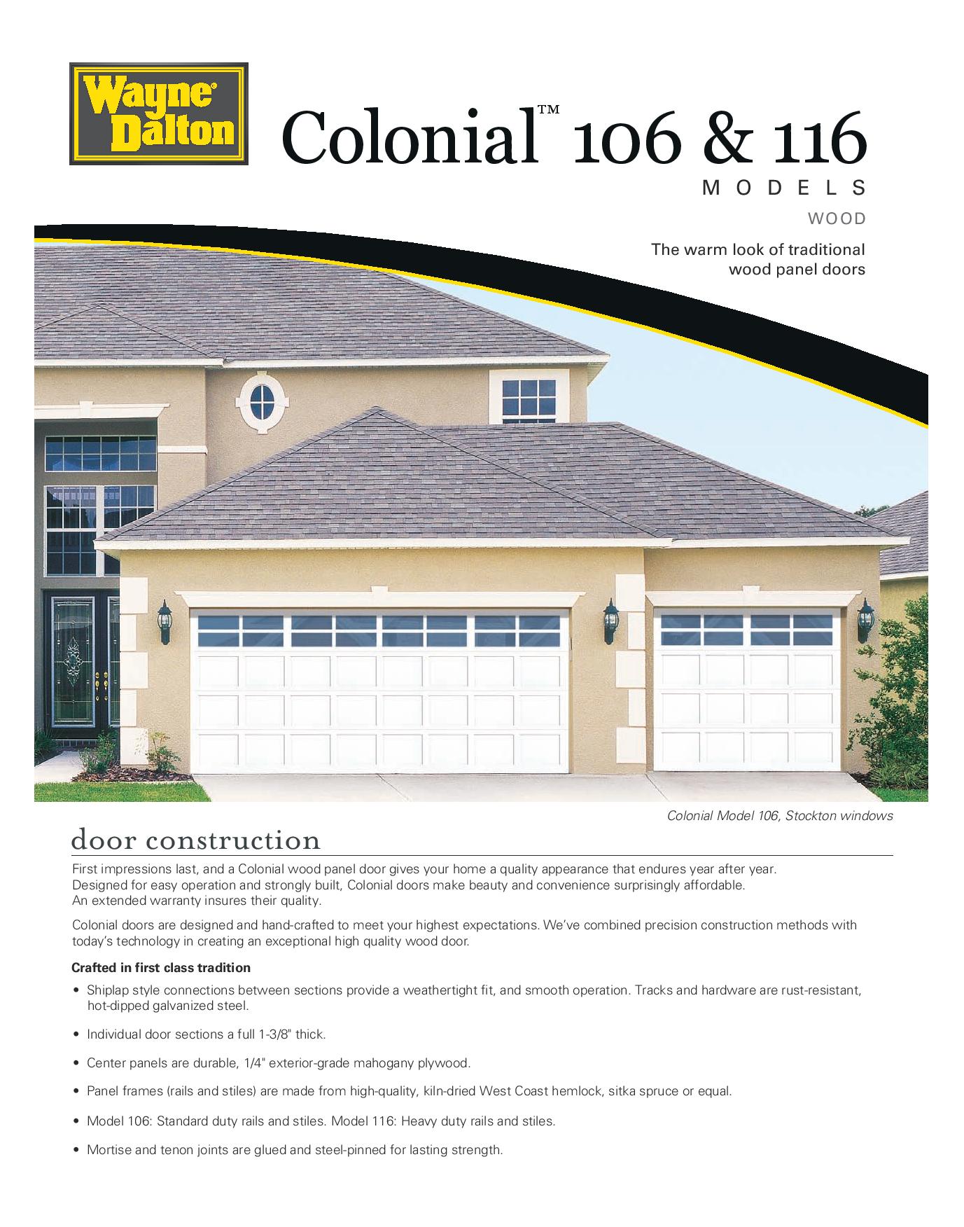 A brochure for colonial 106 and 116 garage doors shows a house with two garage doors.