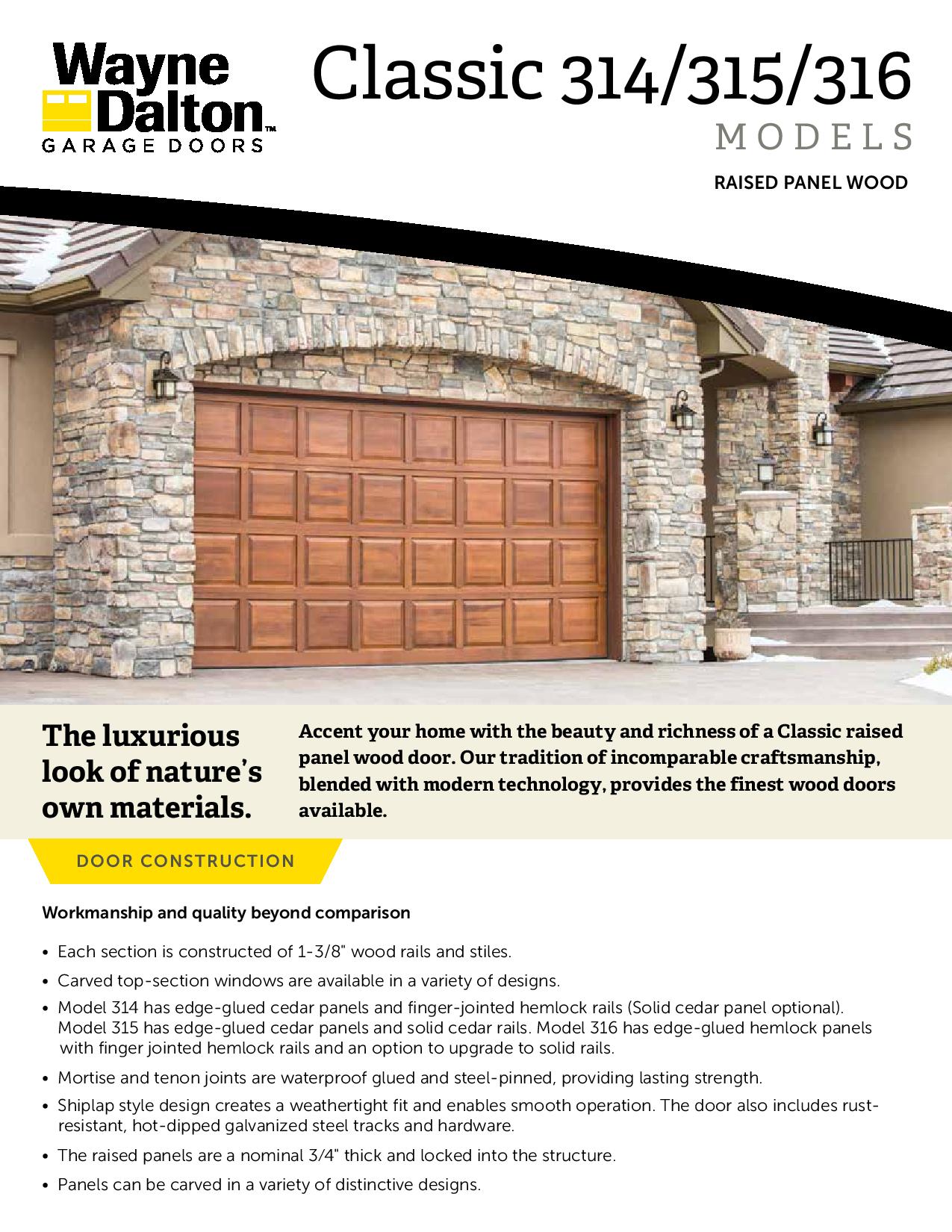 A brochure for wayne dalton classic 314 / 315 / 316 garage doors.
