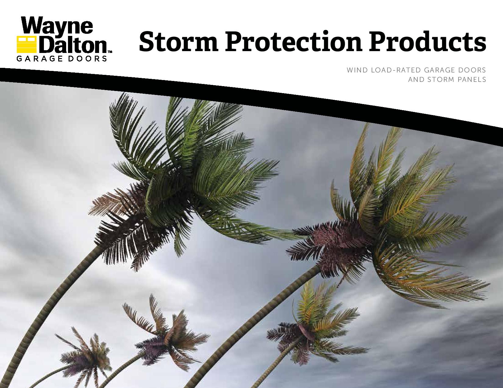 An ad for wayne dalton storm protection products shows palm trees blowing in the wind