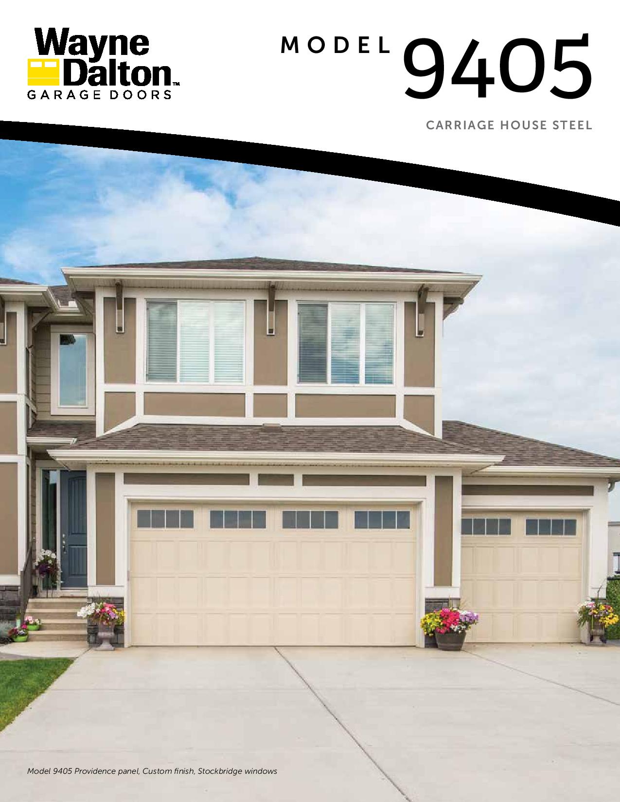 A brochure for wayne dalton garage doors shows a large house with a garage door.