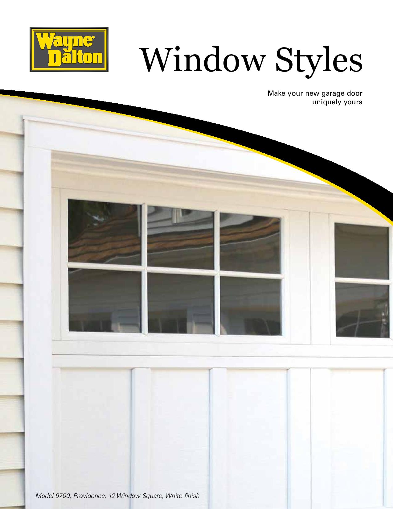 A brochure for window styles shows a white garage door