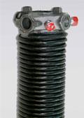 A close up of a garage door spring on a white background.