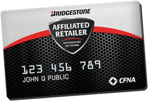 Bridgestone affiliated retailer credit card with black and silver design, CFNA logo, and sample card number