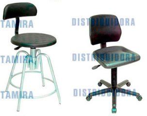 Dos sillas industriales regulables: una con asiento y patas redondas, la otra con asiento cuadrado y ruedas.