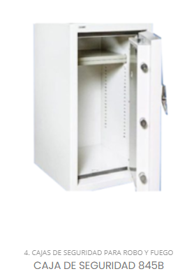 Caja fuerte de seguridad blanca con puerta abierta.