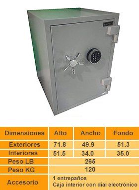 Una caja fuerte gris con teclado digital. A continuación se muestran las dimensiones en una tabla.