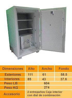 Caja fuerte abierta con estantes y dial de combinación, con tabla de dimensiones a continuación.