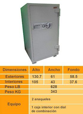 Una caja fuerte de acero con tabla de dimensiones que muestra altura, ancho y profundidad en cm/kg.