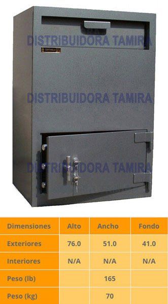 Caja fuerte de color gris con ranura y puerta, con tabla de dimensiones en español.