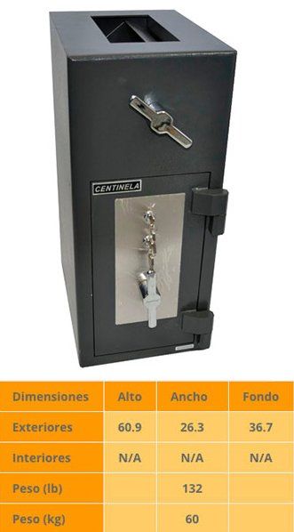 Una caja fuerte de color negro con llave y tabla de dimensiones.