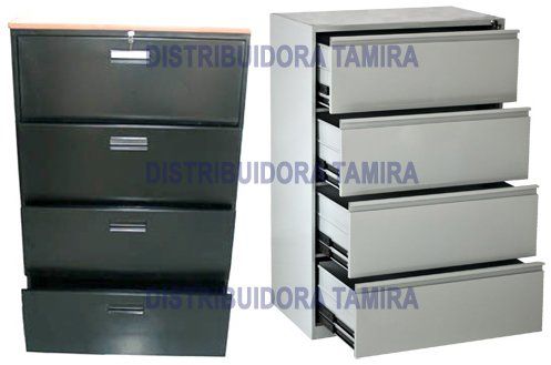 Dos archivadores metálicos, uno negro y otro gris, cada uno con cuatro cajones.