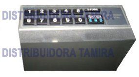 Teclado gris con botones numerados y botones “Almacenar” “Inicio” “Fin”.