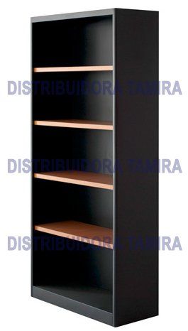 Librería de cinco estantes en tono negro y madera, de pie.