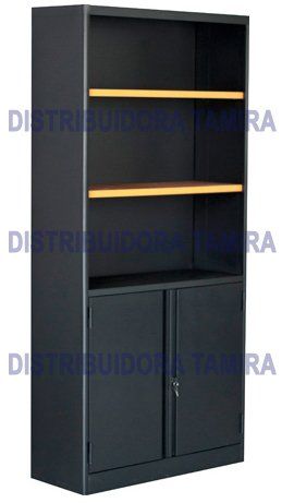 Armario de almacenamiento de metal gris oscuro con estantes abiertos en la parte superior