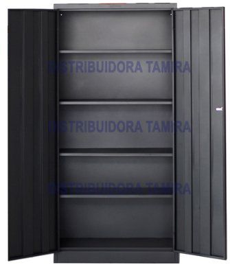 Mueble de almacenaje de metal negro con puertas abiertas y estantes.