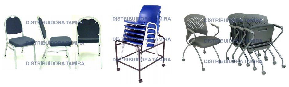 Se exhiben varias sillas, incluidas las tapizadas, apilables de plástico y con estructura de metal.